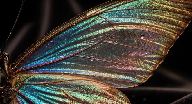 Close-up of Iridescent Butterfly Wing with Dewdrops