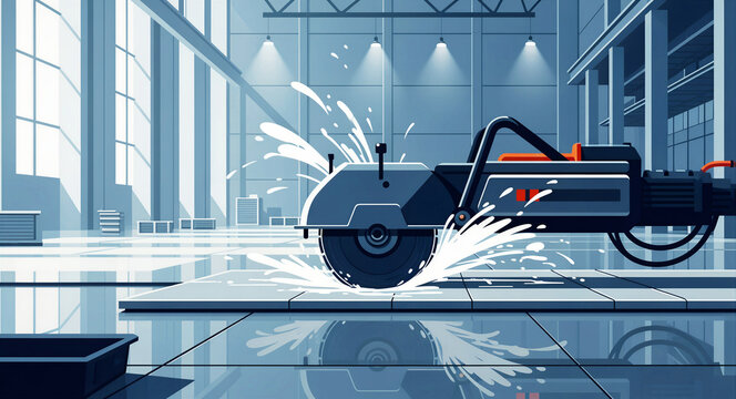 Industrial floor saw cutting through floor tiles with water splashing. Modern masonry equipment operating in a clean factory environment. Precision construction and manufacturing concept.