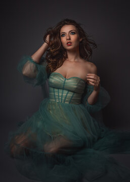 Portrait of a beautiful young woman in an elegant evening gown with her hand in her hair