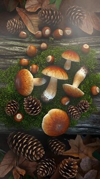 Forest Treasures: Mushrooms, Pine Cones, and Hazelnuts Generative AI