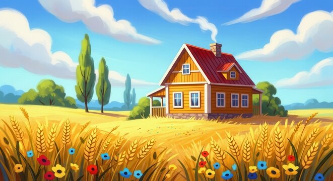 Colorful rural landscape with a cozy house and vibrant flower field. Scenic countryside scene with bright sky and lush greenery.