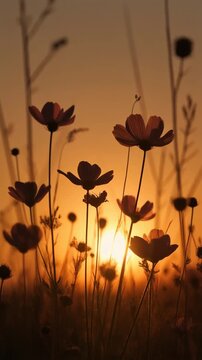 Silhouetted Cosmos Flowers at Sunset Generative AI