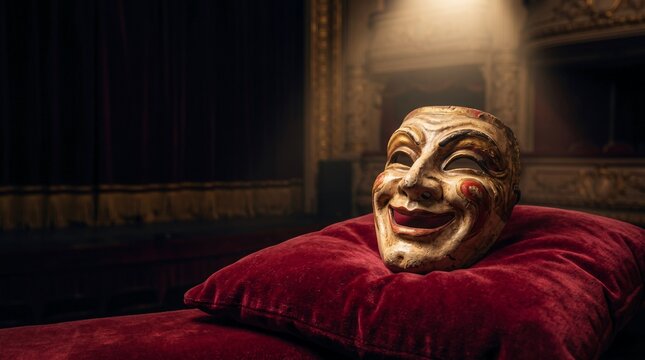 Comedy Theatrical Mask Resting on Red Velvet Pillow in Theater