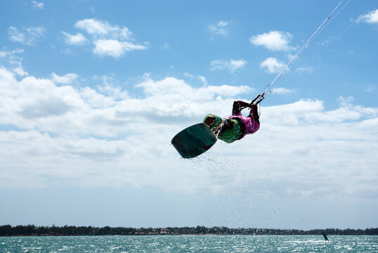 View into land of a Kite surfer mid air over the Indian ocean, Mauritius