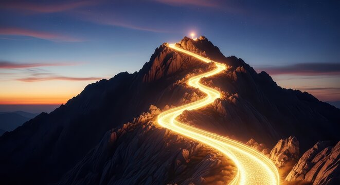 Mountain peak illuminated at sunset with winding trail. Majestic landscape scene for travel and adventure themes.