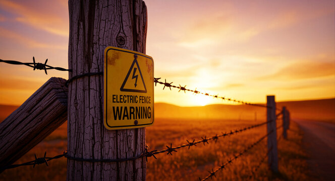 Electric fence warning sign mounted on a wooden post with barbed wire. Yellow hazard sign stands against a sunset over a rural landscape. Security concept for agricultural protection.