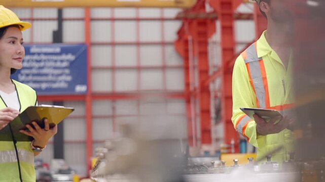 Factory engineers and technicians inspect production systems, discussing equipment maintenance, diagnosing mechanical issues, implementing corrective actions, improving workflow efficiency, minimizing