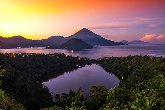 Tropical sunrise over a coastal lagoon, Ternate, North Maluku, Indonesia
