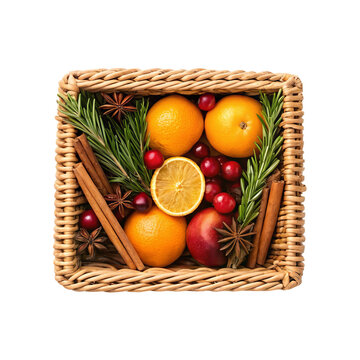 Small wicker basket filled with fresh oranges cinnamon sticks star anise cranberries and rosemary sprigs