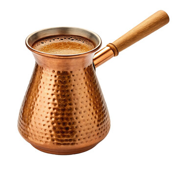 Copper turkish coffee pot cezve with wooden handle filled with fresh brewed espresso foam