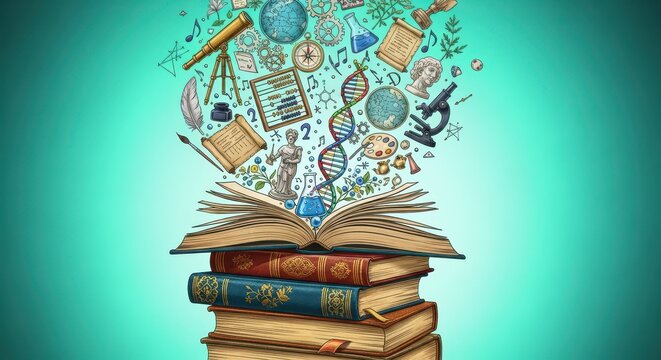 Vintage books with floating digital icons and symbols. Knowledge transfer and digital learning concept.