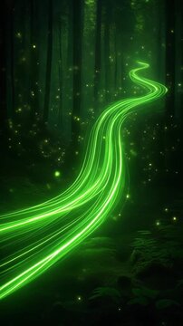 Mystical Forest Path with Glowing Green Light Trails Generative AI