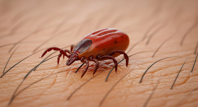 Extreme macro of a tick crawling on human skin. Parasitic insect moving across hairy skin surface. Health risk and Lyme disease prevention concept, perfect for medical awareness and outdoor safety.