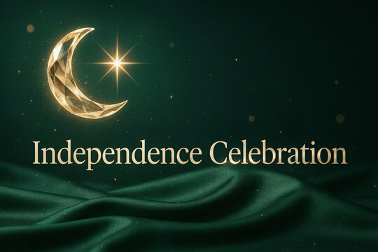 Golden crescent moon and star on green silk background for Pakistan Independence Day