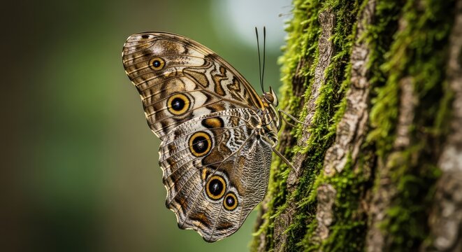 Detailed Morpheo Butterfly Resting on Mossy Tree Bark