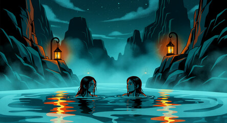 Obraz premium Two women swimming in a mountain lake at night. Glowing lanterns illuminate a misty canyon landscape. Mystery and fantasy concept, ideal for book covers and atmospheric storytelling art.