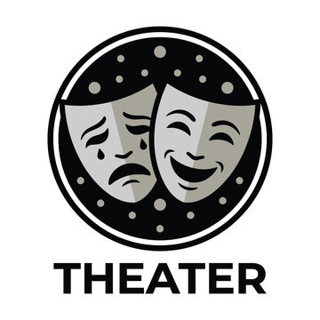 Theater masks logo with comedy and tragedy faces in circle  acting symbol icon