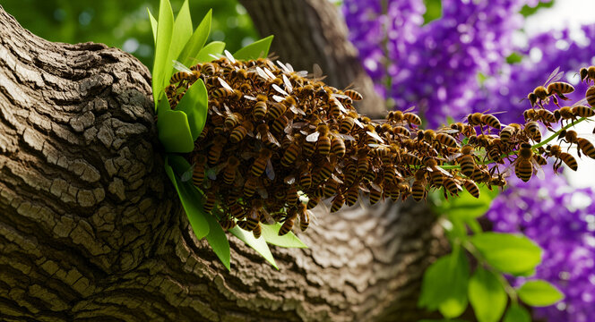 Large swarm of honeybees clustering on a tree branch in a garden. Honey bee colony gathered near blooming purple flowers. Nature pollination concept for environmental and apiculture marketing.