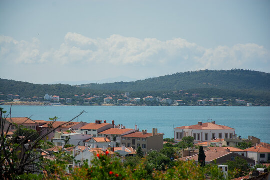 Rooftops and coastal view of the seaside town of Ayvalik, Balikesir Province, Turkey