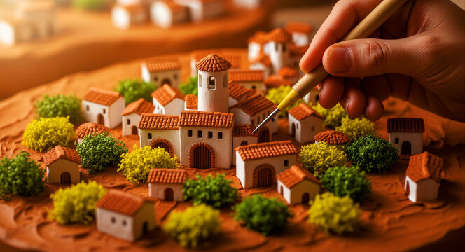 Hand using precision tool to craft miniature Mediterranean village. Small white houses with red roofs and detailed landscaping on workspace. Artistic hobby concept for DIY and modeling projects.