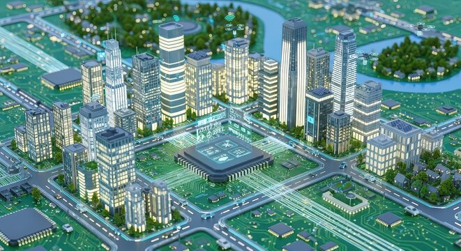 Futuristic cityscape with illuminated skyscrapers and vibrant urban lights. Modern metropolis with high-rise buildings and advanced infrastructure.