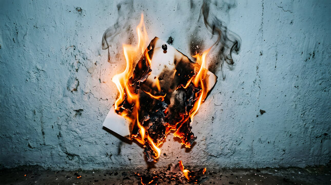Burning matchstick with flame on dark textured background, fire orange