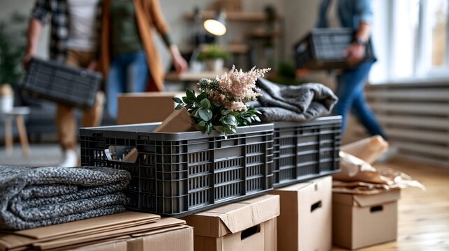 Familie verpackt Kleidung und Hausrat gemeinsam f&uuml;r einen Umzug
