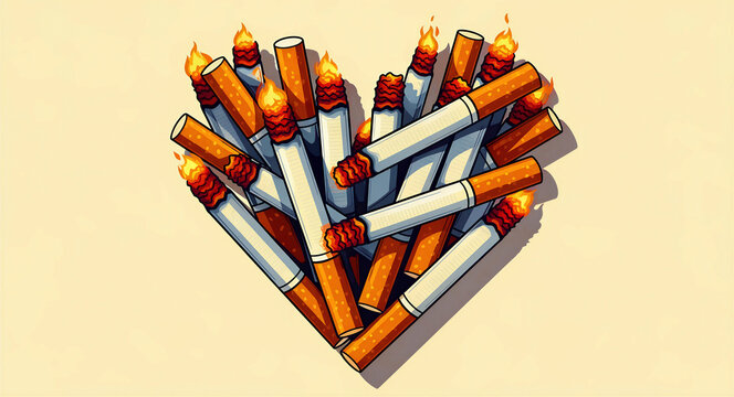 Burning cigarettes arranged in a heart shape. Stylized illustration depicting the link between smoking and cardiovascular health. Addictive habit concept for anti-smoking campaigns and medical media.