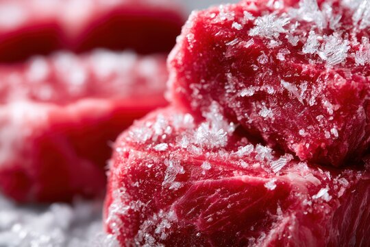Frozen beef steak cuts with frost pattern