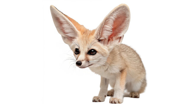 Cute wild small fennec fox sitting down alertly isolated on transparent background