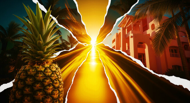 Creative tropical collage featuring a pineapple and sun rays. Resort and palm trees framed by torn paper edges. Artistic summer travel concept for tourism and vacation marketing.