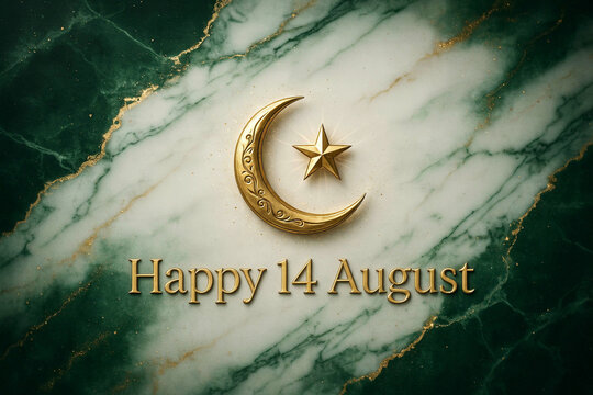 Pakistan Independence Day 14 August greeting card with gold star and crescent on green marble background