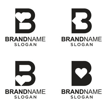 Four black and white logos with hearts and letters on white background icon