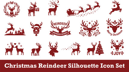 Festive red Christmas reindeer silhouette icon set featuring Santa sleigh holiday wreaths flying deer winter landscapes festive ornaments and Merry Christmas wishes vector graphic © Mr. Akash