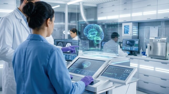 Scientists analyzing holographic brain scan on futuristic interface in high tech laboratory for neuroscience research and artificial intelligence study