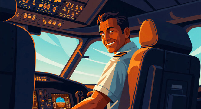 Smiling male pilot sitting in the cockpit of an airplane. Professional aviator in uniform looking back from the flight deck. Aviation career concept, ideal for airline recruitment and marketing.
