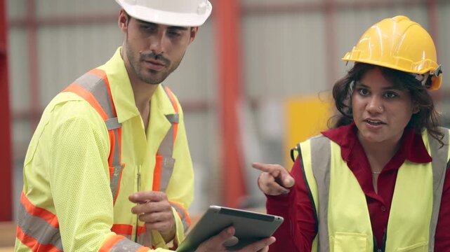 Production engineers and maintenance technicians inspect factory machinery, exchanging technical knowledge, solving equipment problems, improving manufacturing efficiency, supporting preventive mainte