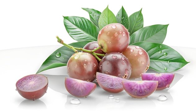 Fresh ripe purple star apple fruits with green leaves on a white background.
