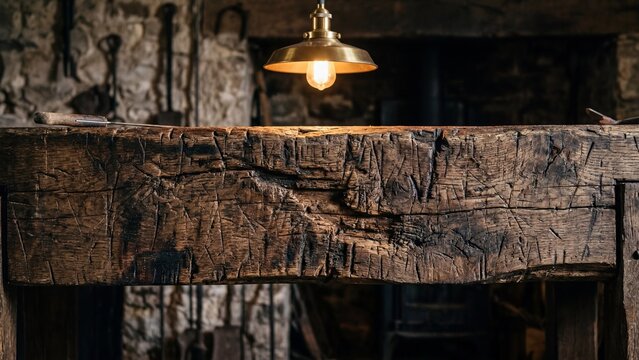 Rustic Wood Workbench with Vintage Pendant Light in Workshop