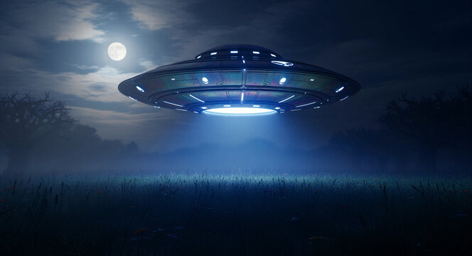 UFO flying saucer hovering over a dark field at night under a full moon. Extraterrestrial spacecraft glowing with blue light in a misty landscape. Science fiction and paranormal mystery concept.