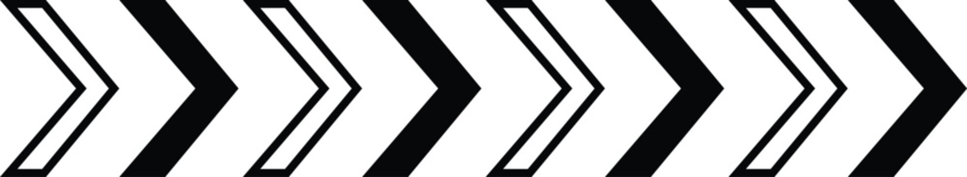 Black and white chevron arrow pattern pointing right. Repeating geometric design ideal for road signs or banners. Monochrome minimalist graphic element representing movement.