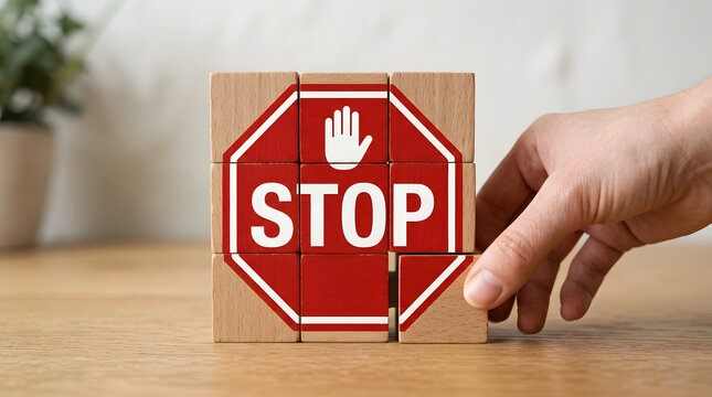 Hand removing wooden block from stop sign puzzle structure with captures hand pulling wooden blocks traffic sign warning remove finger game with red