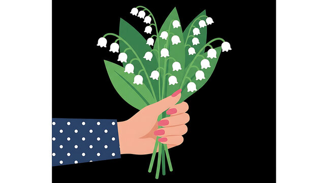 Vector illustration of a hand holding a bouquet of lily of the valley flowers against a black background with illustration botanical springtime blooming celebration