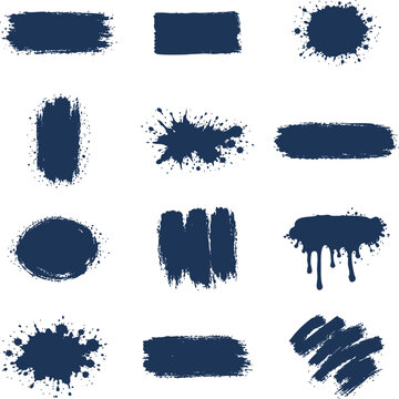 Navy blue grunge brush stroke and paint splatter set isolated on white background. Vector hand drawn ink splash, banner, blot and drip collection for text box and design element