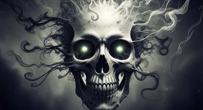Haunted skull with glowing eyes and swirling smoke. Eerie dark fantasy imagery for Halloween or horror themes.