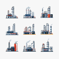 Obraz premium Industrial Set of Nine Diverse Factory and Oil Rig Structures with Pipes Smokestacks and Equipment in Blue Gray Orange and White