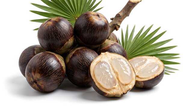 Fresh Asian palmyra palm fruit with green leaves isolated on white background.