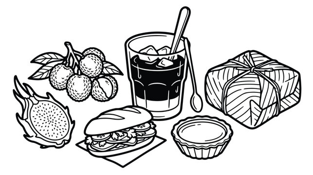 Vietnamese street food vector illustration, traditional banh mi sandwich and iced coffee, dragon fruit and lychee with egg tart and sticky rice
