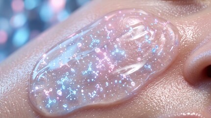 Fototapeta premium Glittering cosmetic gel on human skin, shimmering facial serum with sparkling particles, moisturizing skincare product texture for beauty advertising