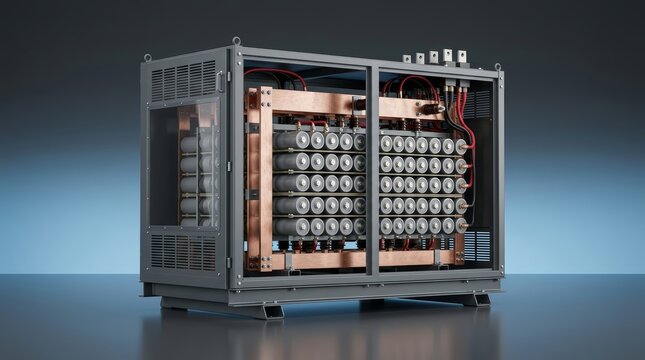 Capacitor bank module 3D render reactive power compensation assembly for industrial substations electrical efficiency and energy optimization